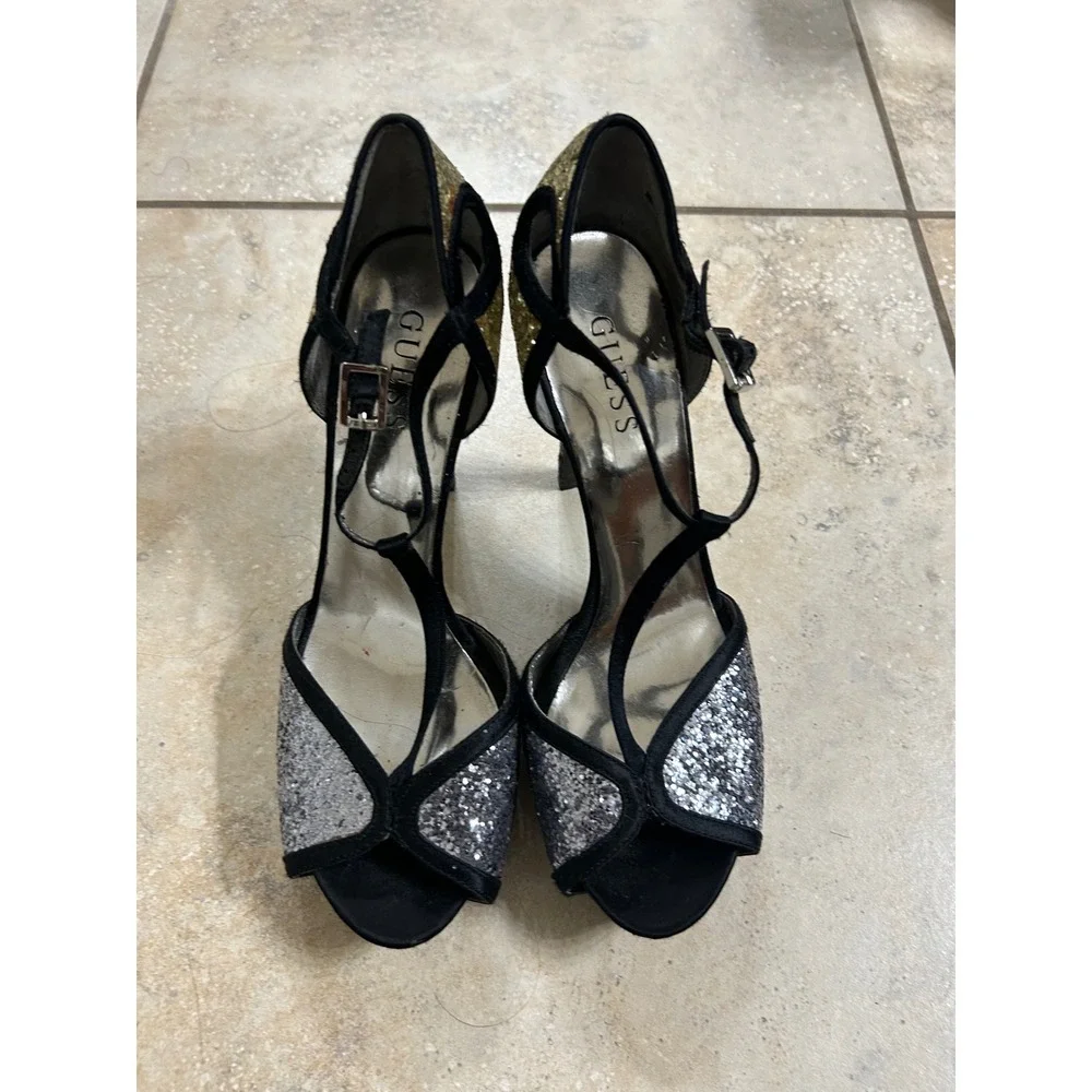 Guess Heels Silver Glitter Gold Black Ankle Strap Peep Toe Party Shoes‎